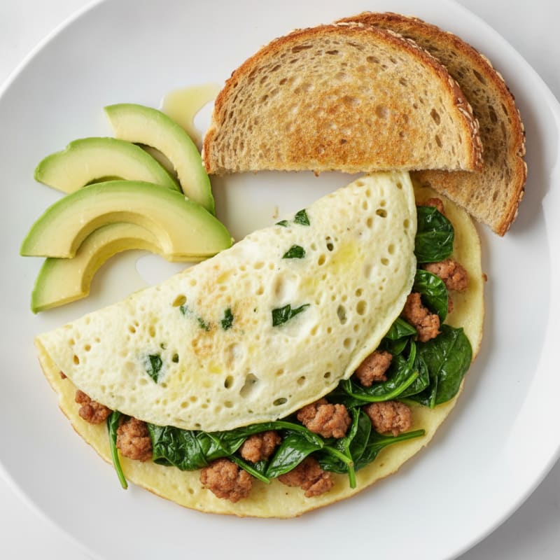 Egg White Omelet with Turkey Sausage and Sautéed Spinach