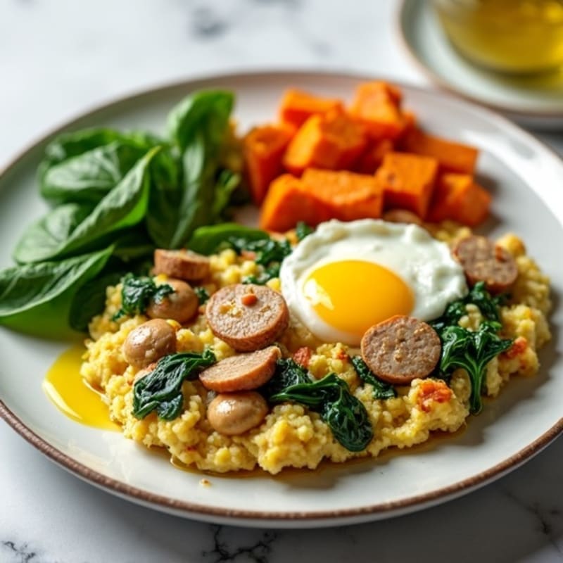 Egg White and Turkey Sausage Scramble with Spinach and Roasted Sweet Potatoes