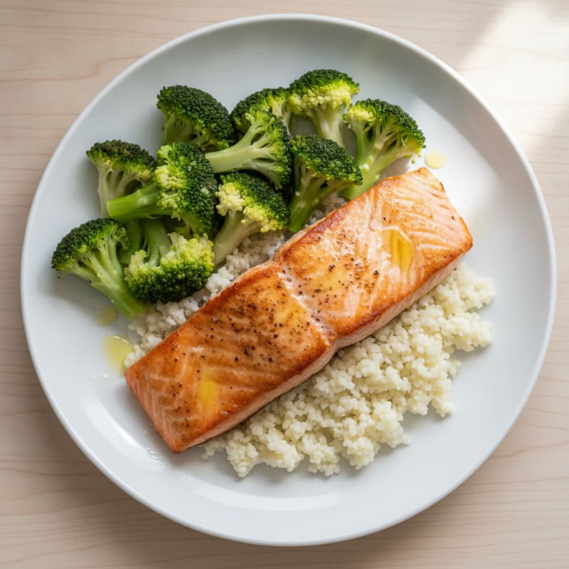 Seared Salmon with Steamed Broccoli and Cauliflower Rice