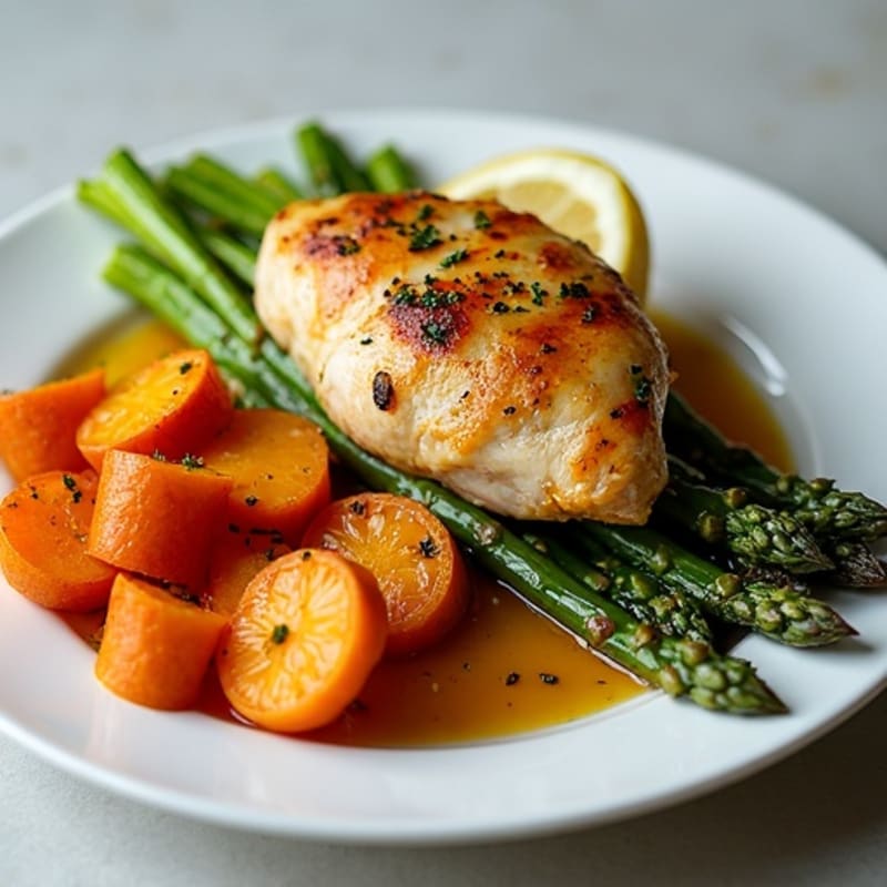 Lemon Herb Roasted Chicken with Crispy Asparagus and Sweet Potatoes