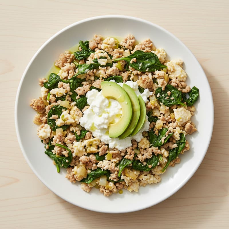 Egg White and Turkey Spinach Scramble with Cottage Cheese