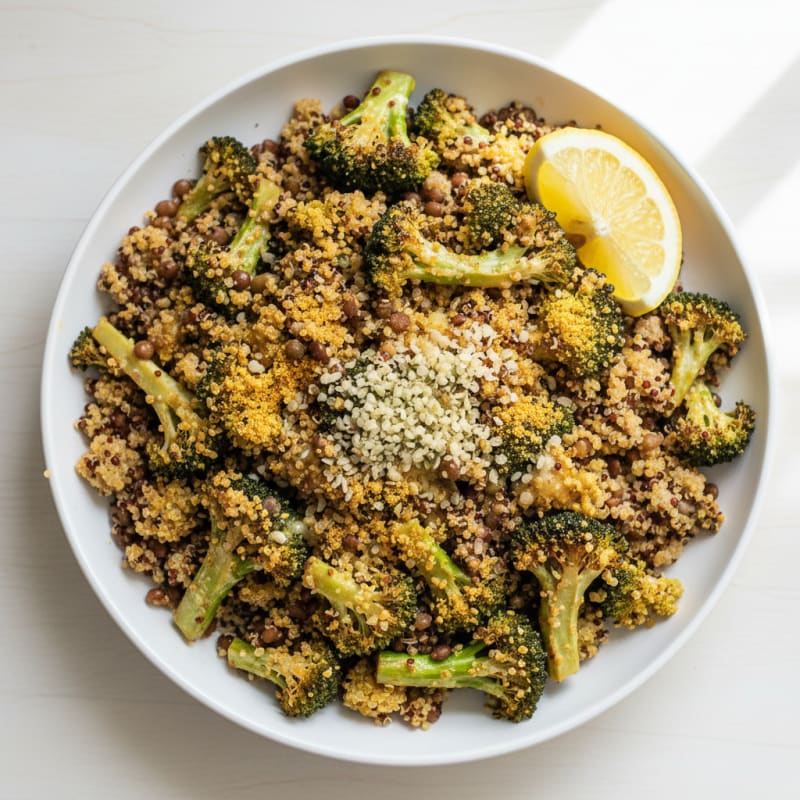 Crispy Lentil and Quinoa Power Bowl with Roasted Broccoli