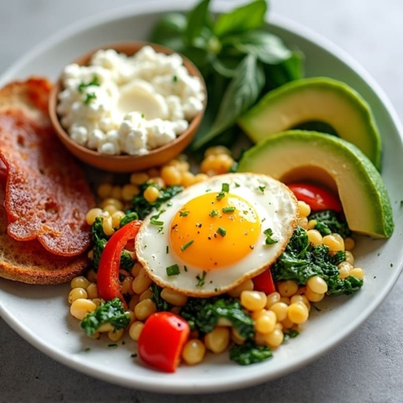 Egg White Veggie Scramble with Cottage Cheese and Turkey Bacon