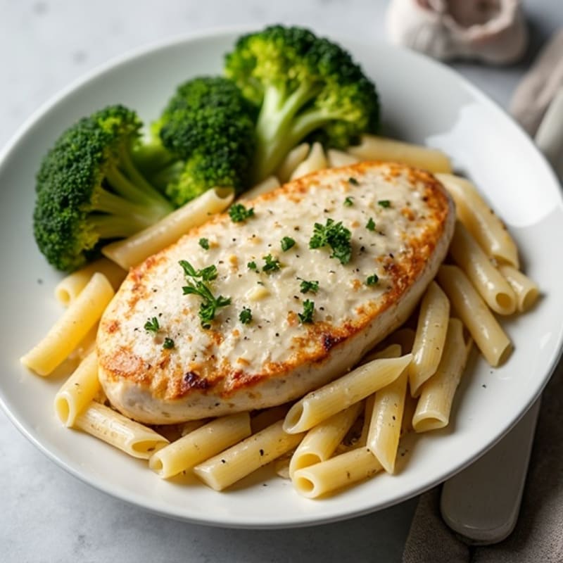 Healthy Creamy Chicken Alfredo with Roasted Broccoli