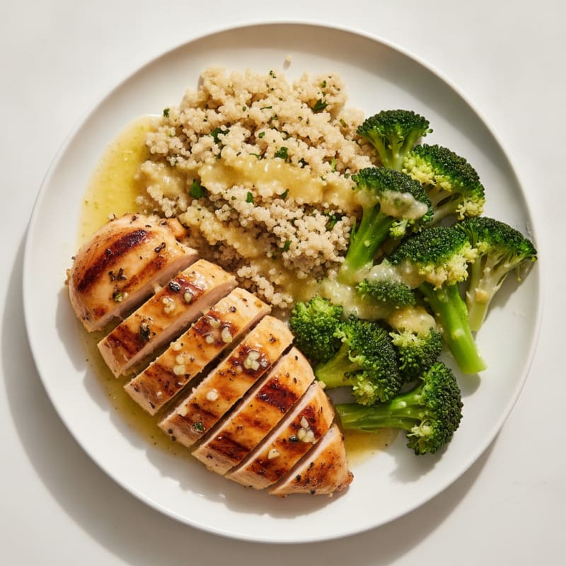 Grilled Lemon-Garlic Chicken Breast with Quinoa and Steamed Broccoli