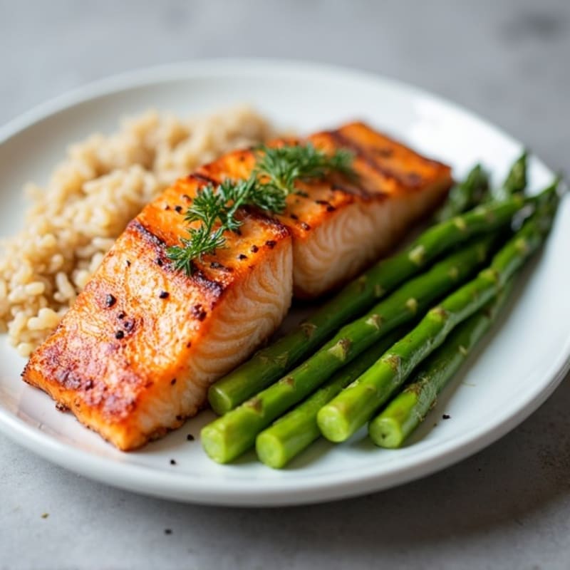 Baked Salmon with Steamed Asparagus and Brown Rice