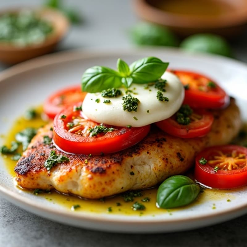 Pan-Seared Chicken with Juicy Tomatoes, Creamy Mozzarella, and Zesty Basil Pesto