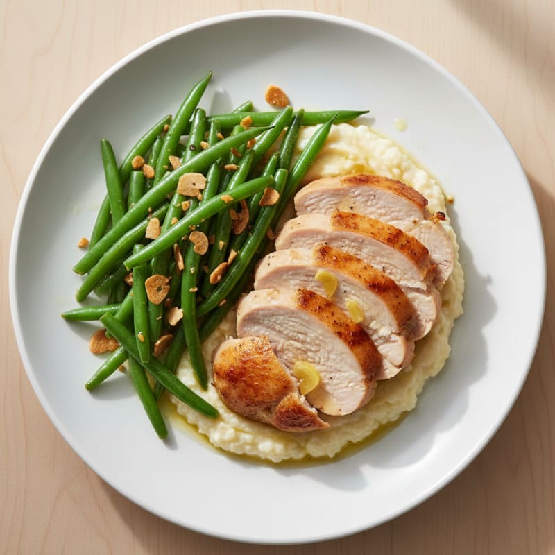 Seared Turkey Breast with Steamed Green Beans and Cauliflower Mash