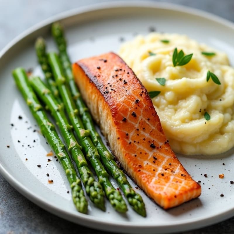 Seared Salmon with Steamed Asparagus and Cauliflower Mash