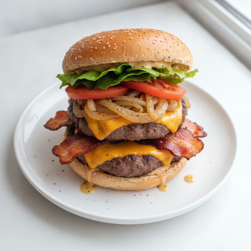 Double Bacon Cheeseburger with Caramelized Onions
