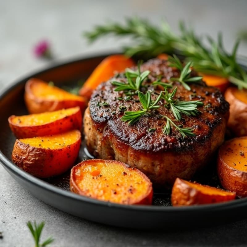 Herb-Crusted Pan Seared Steak with Crispy Sweet Potato Wedges