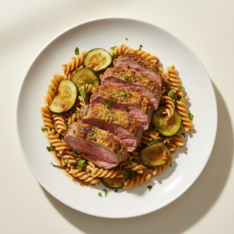 Herb-Crusted Lamb with Braised Zucchini and Pasta