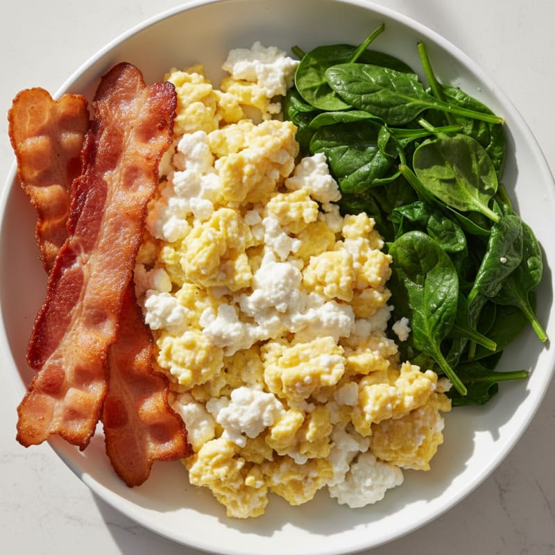 Cottage Cheese and Egg Scramble with Sautéed Spinach and Turkey Bacon