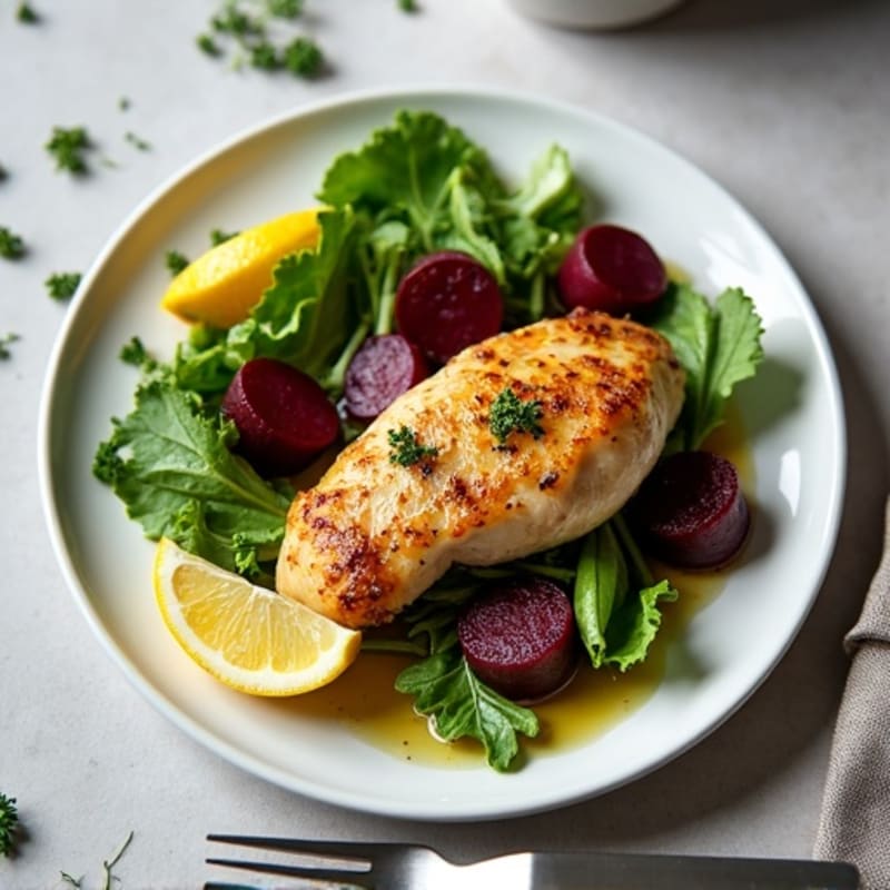 Roasted Beets with Crispy Lemon-Herb Chicken and Fresh Greens