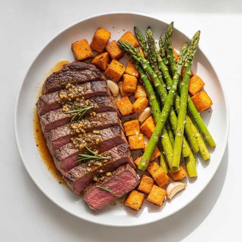 Garlic Sirloin Steak with Roasted Asparagus and Sweet Potato