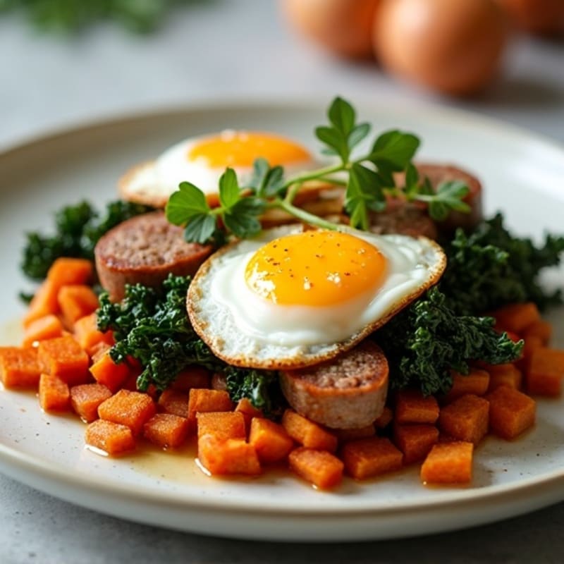 Sweet Potato Hash with Crispy Eggs and Sautéed Greens