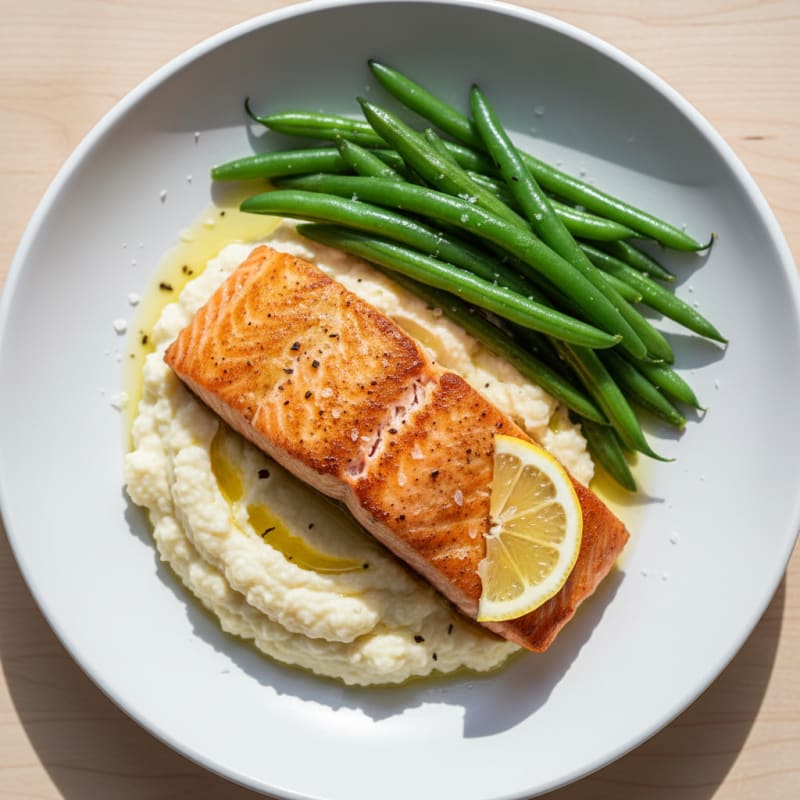 Seared Salmon with Steamed Green Beans and Mashed Cauliflower