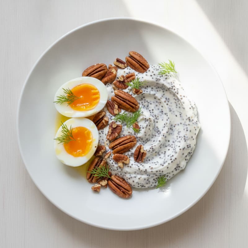 Boiled Eggs with Chia Greek Yogurt and Pecans