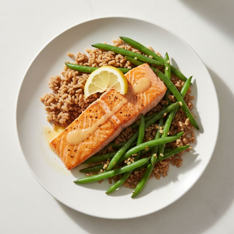Seared Salmon with Garlic Green Beans and Brown Rice