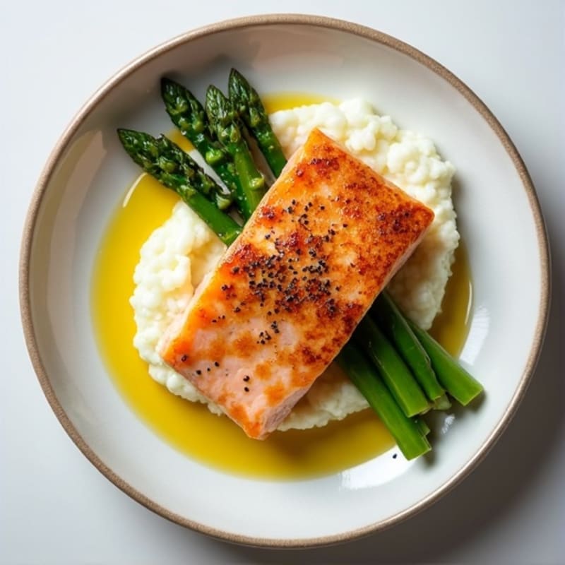 Seared Salmon with Steamed Asparagus and Cauliflower Mash