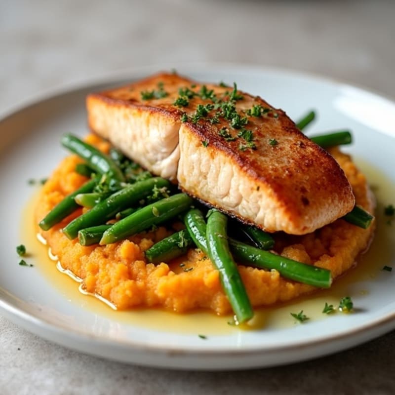 Seared Salmon with Garlic Green Beans and Sweet Potato Mash