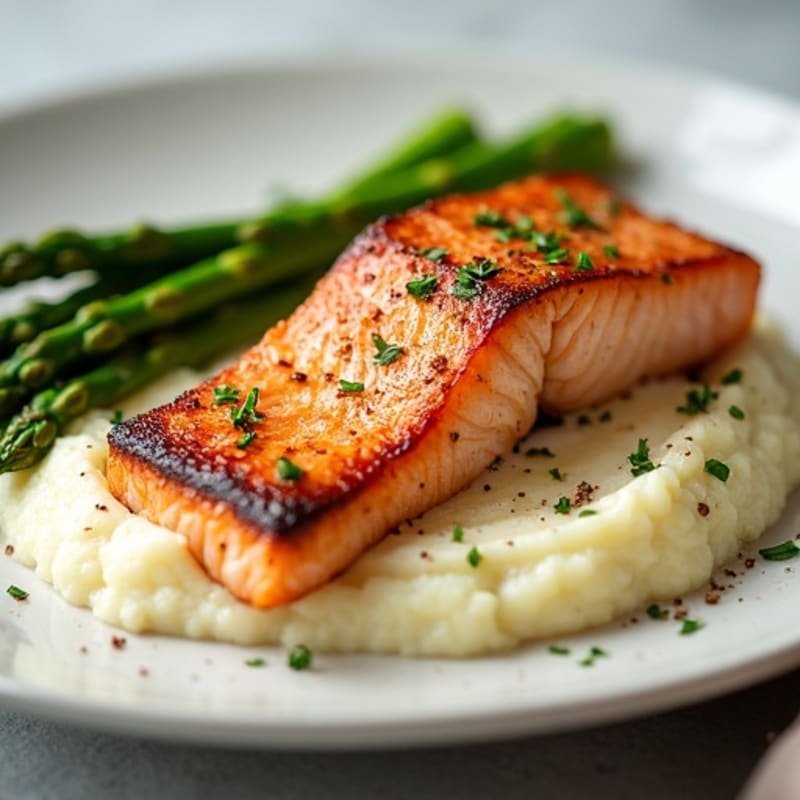 Seared Salmon with Steamed Asparagus and Cauliflower Mash
