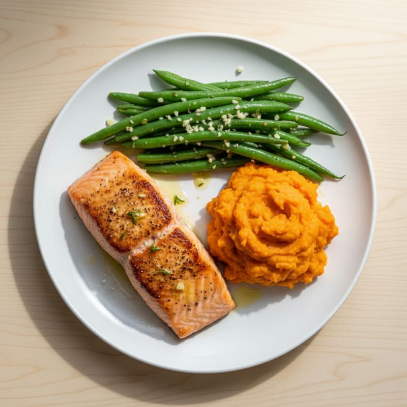 Seared Salmon with Garlic Green Beans and Mashed Sweet Potato