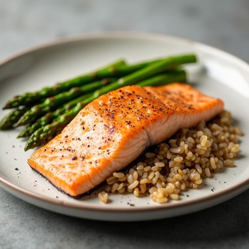 Seared Salmon with Steamed Asparagus and Brown Rice