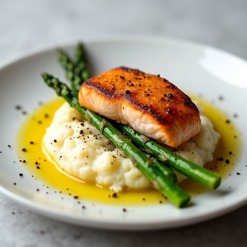 Seared Salmon with Roasted Asparagus and Cauliflower Mash
