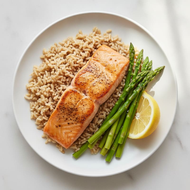 Seared Salmon with Steamed Asparagus and Brown Rice