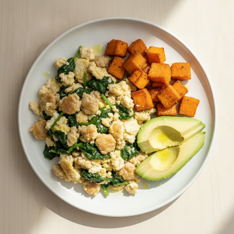 Egg White Scramble with Turkey Sausage and Sautéed Spinach