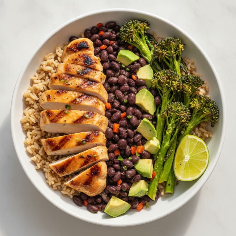 Grilled Chicken and Black Bean Rice Bowl with Roasted Broccolini