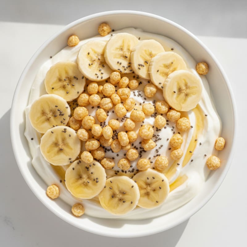 Protein Yogurt Bowl with Sliced Banana and Chia Seeds