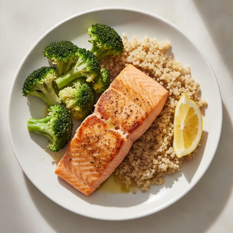 Seared Salmon with Steamed Broccoli and Quinoa