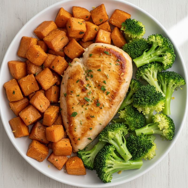 Seared Garlic Chicken Breast with Roasted Sweet Potatoes and Steamed Broccoli