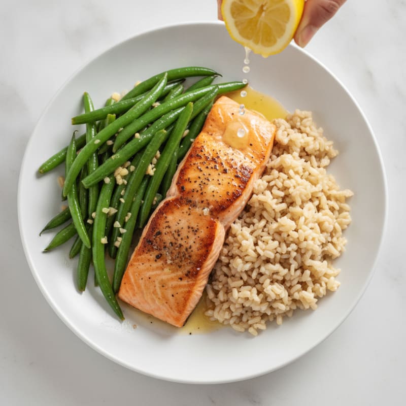 Seared Salmon with Garlic Green Beans and Brown Rice