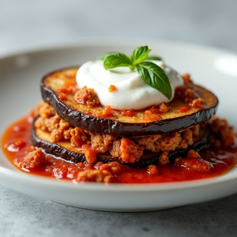 Baked Eggplant and Lean Lamb Layers with Creamy Protein Topping