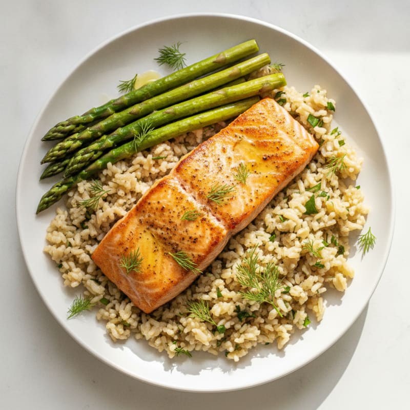 Seared Salmon Fillet with Steamed Asparagus and Herbed Brown Rice