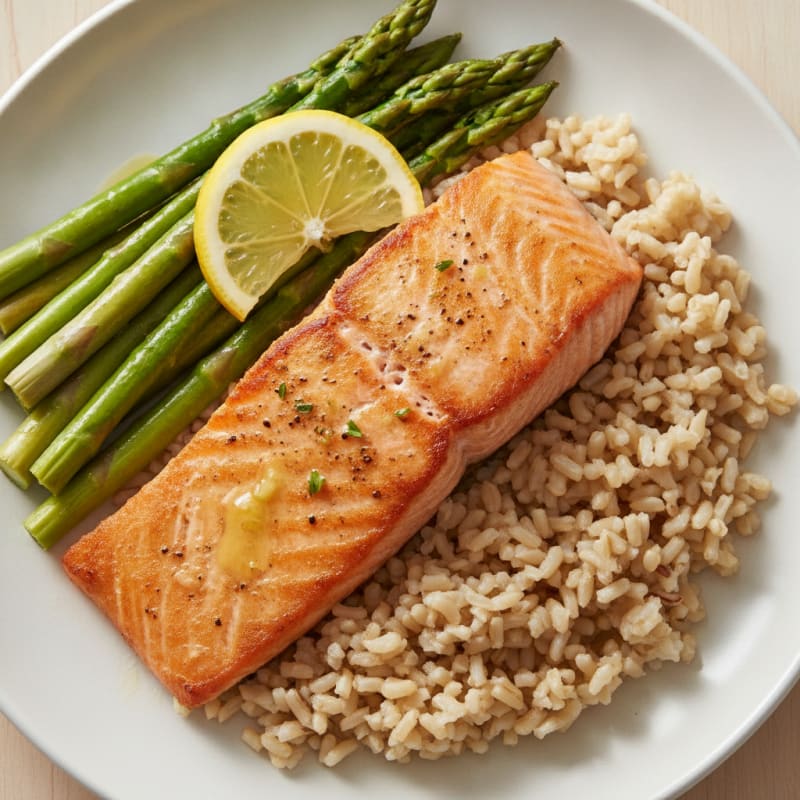 Seared Salmon Filet with Steamed Asparagus and Brown Rice