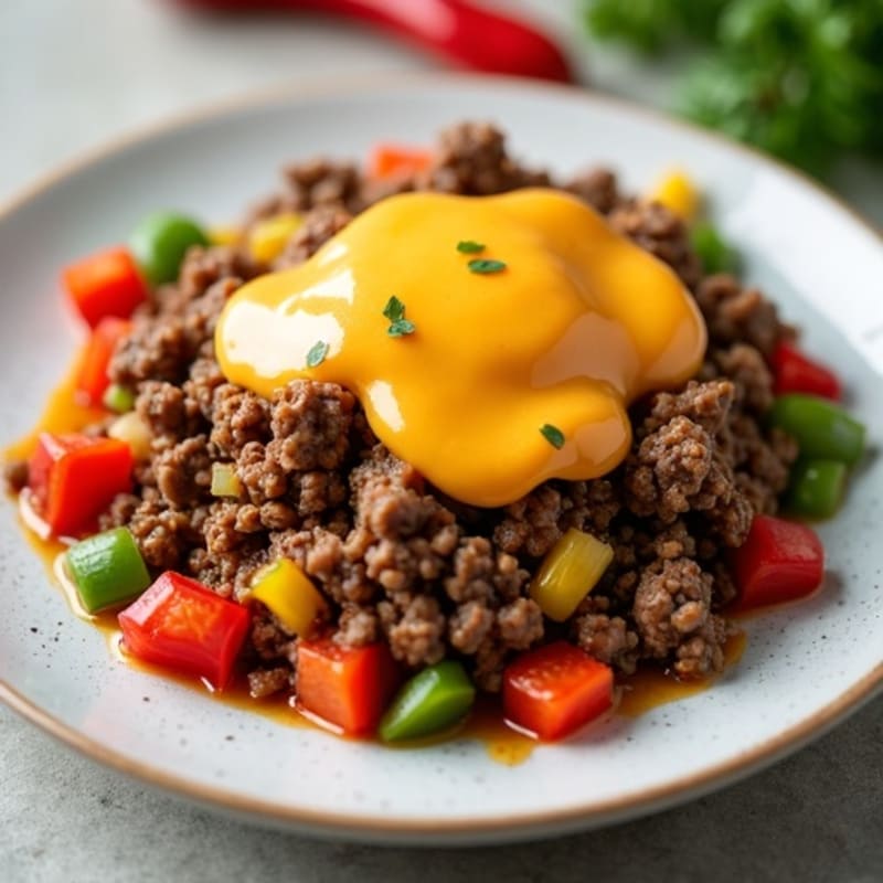 Lean Beef Skillet with Sautéed Peppers, Onions, and Savory Cheesy Sauce