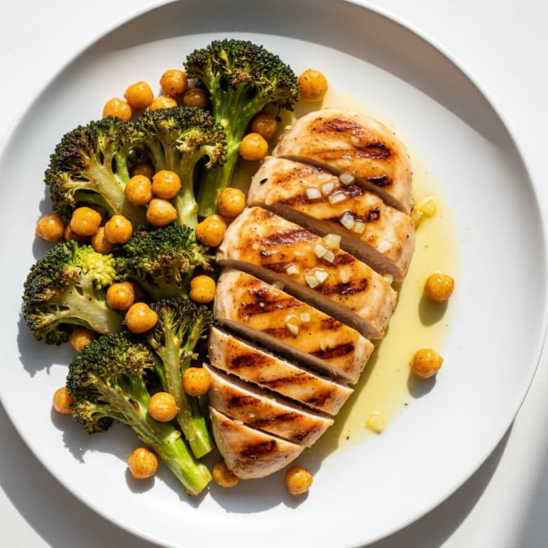 Grilled Chicken Breast with Roasted Broccoli and Chickpeas