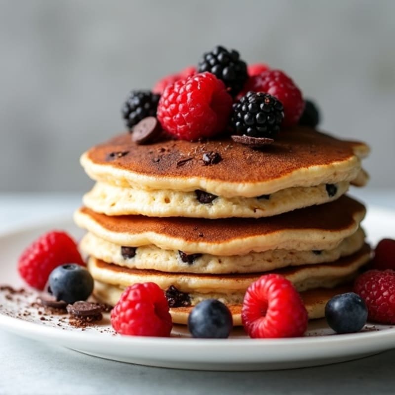 Fluffy Chocolate Chip Protein Pancakes with Fresh Berries