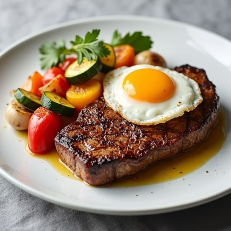 Seared Steak with Roasted Vegetables and a Fried Egg
