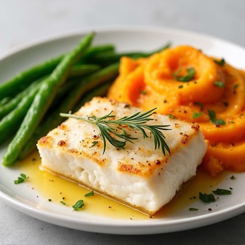 Baked Cod with Garlic Green Beans and Sweet Potato Mash