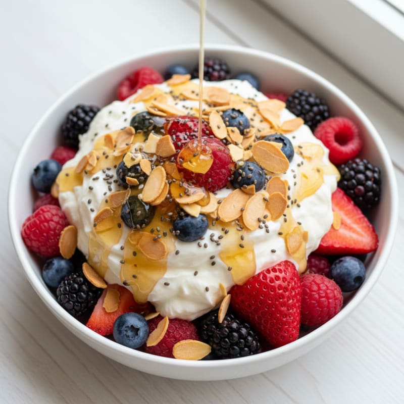 Greek Yogurt Protein Parfait with Mixed Berries and Almonds