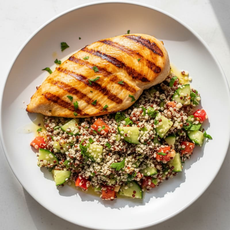 Grilled Chicken Breast with Crunchy Quinoa Salad and Lemon Vinaigrette