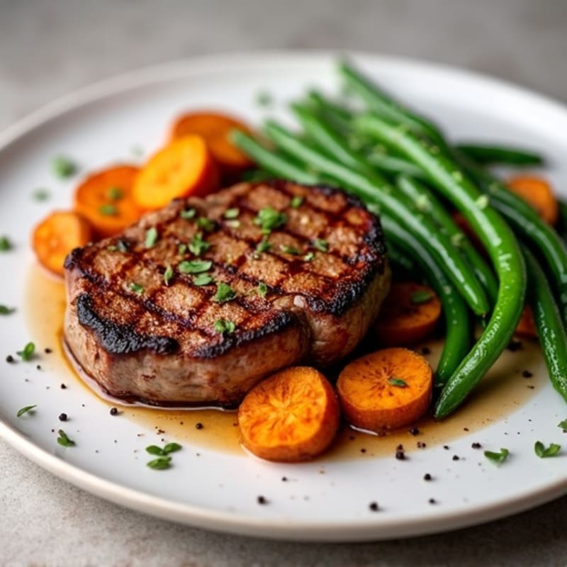 Pan-Seared Steak with Roasted Sweet Potatoes and Crispy Green Beans