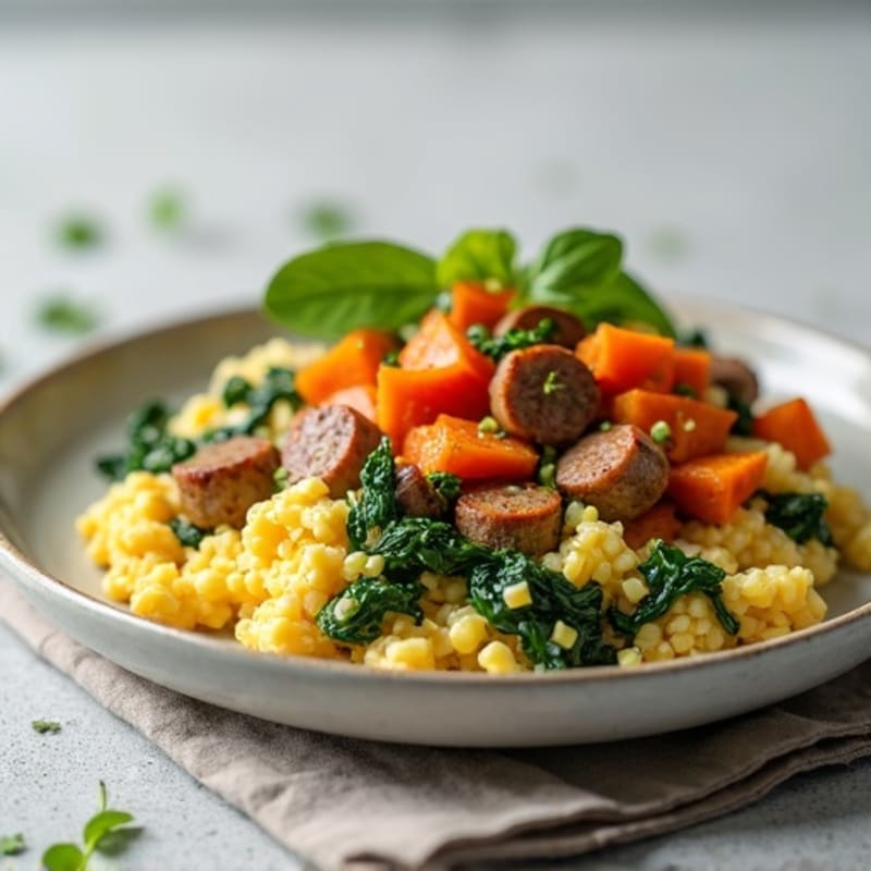 Egg White and Turkey Sausage Scramble with Spinach and Roasted Sweet Potato