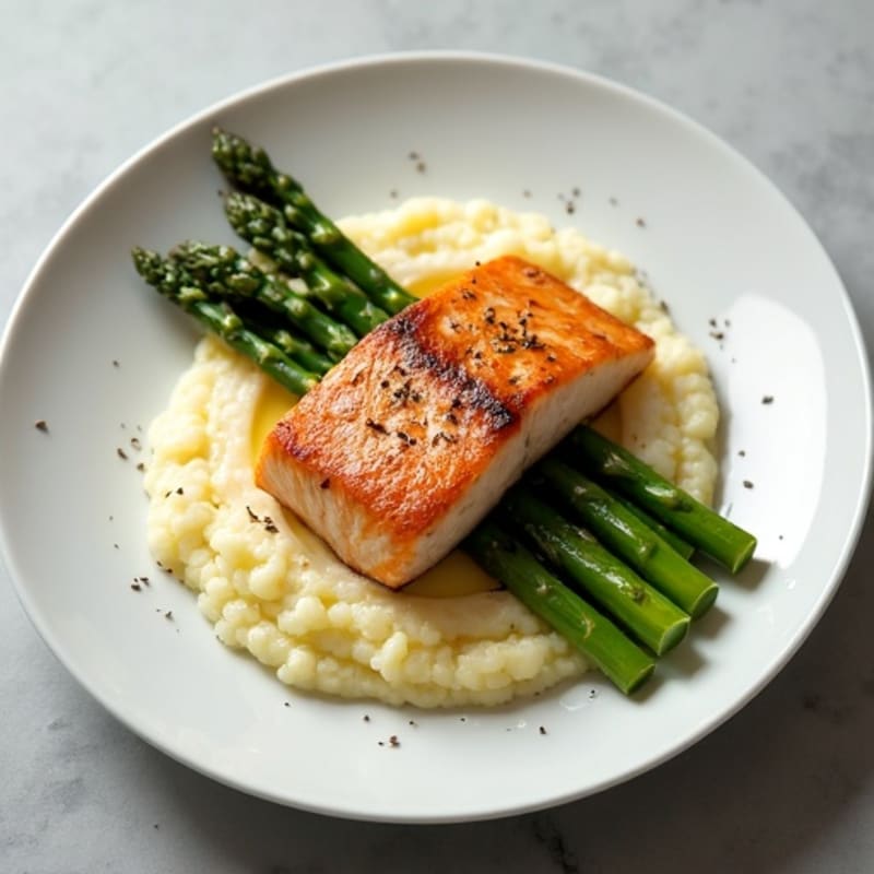 Seared Salmon with Steamed Asparagus and Cauliflower Mash