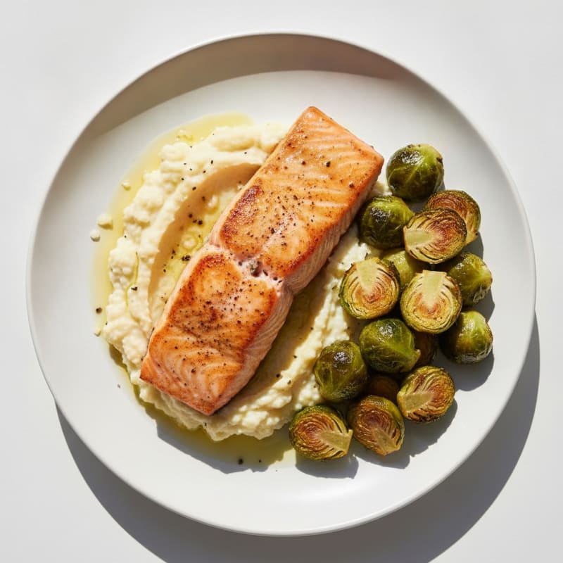 Seared Salmon Fillet with Roasted Brussels Sprouts and Cauliflower Mash
